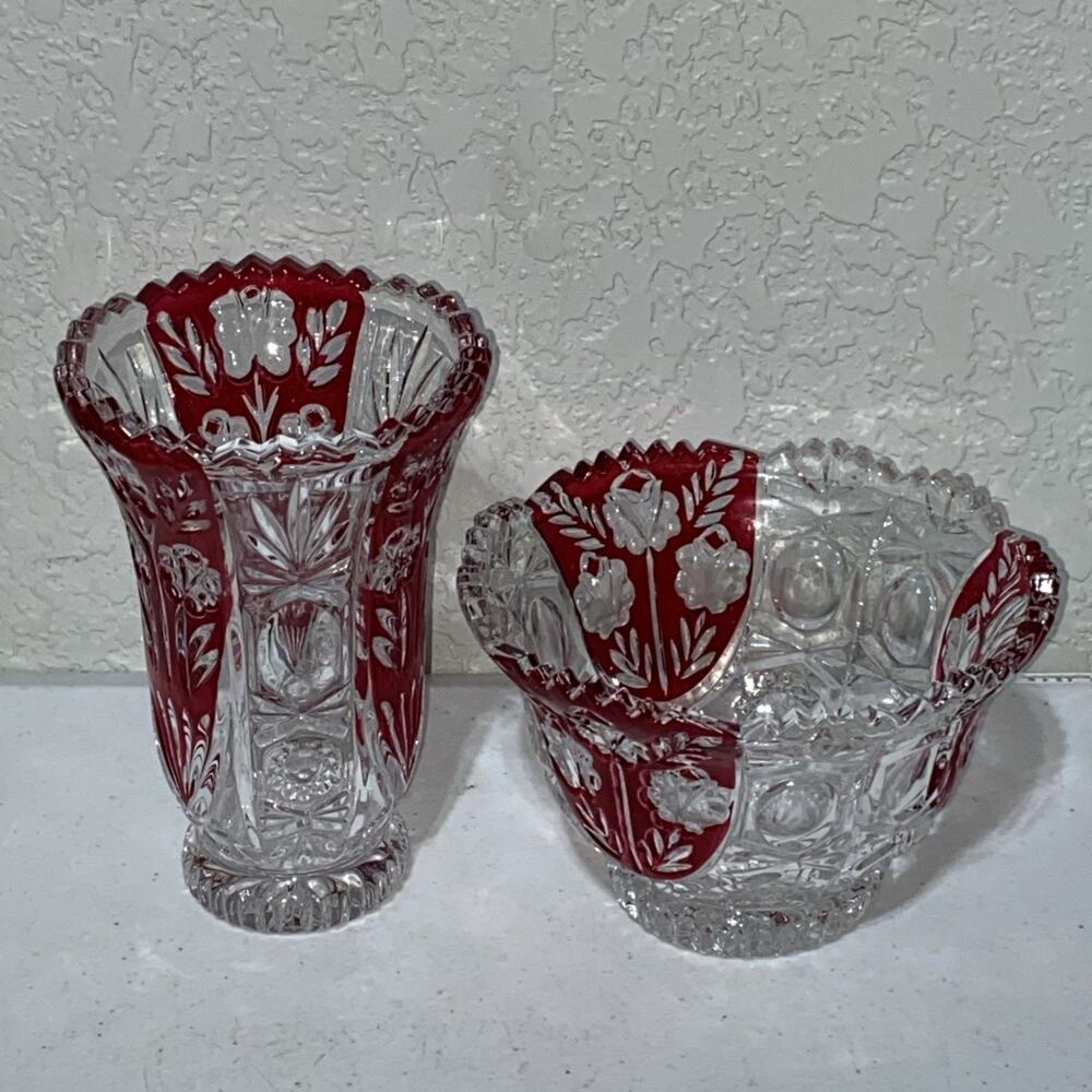 VTG Anna Hutte Bleikristall Germany Lead Crystal Floral Ruby Red Bowl Goblet Set